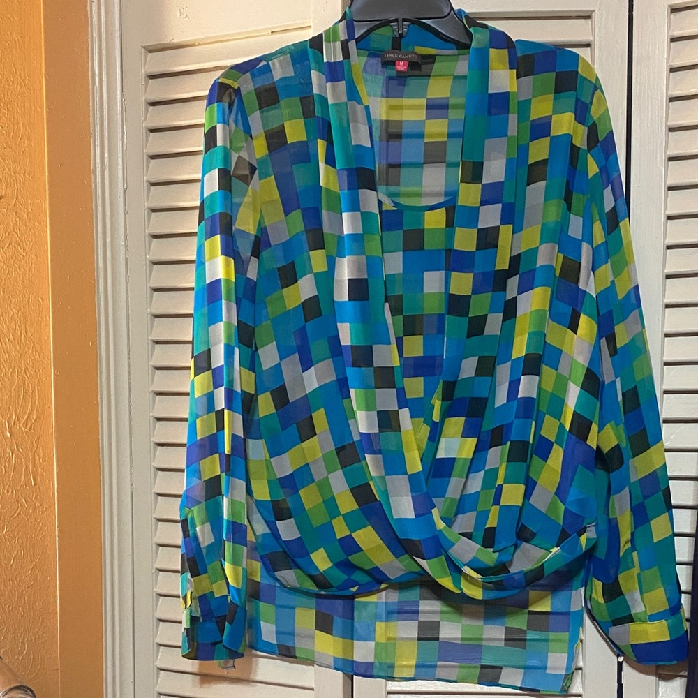 Vince Camuto Blue Green Geometric Blouse